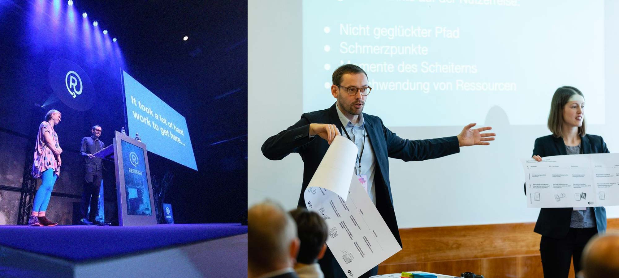 A collage of 2 images: a woman and man on a big stage with professional light and a projected slide saying: ‘It took a lot of hard work to get there…’ and a man and a woman in formal clothing during a workshop, both holding a long sheet of paper with text and sketches – the man with glasses is making gestures