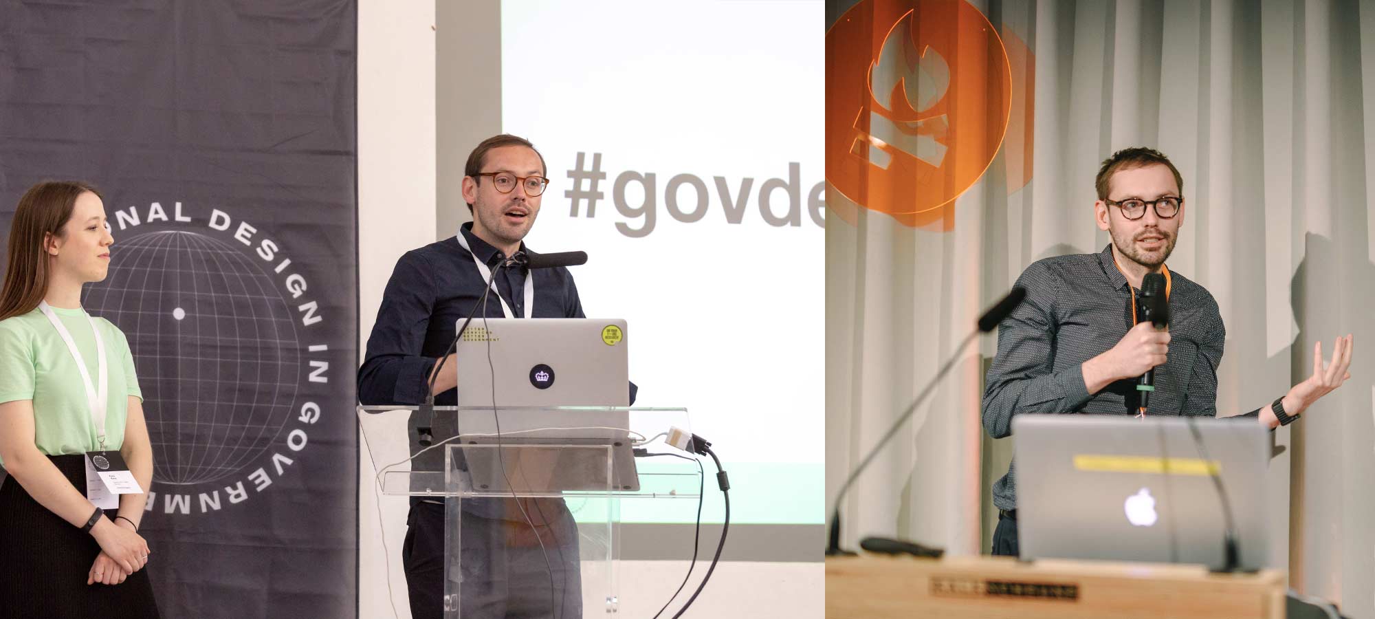 A collage of 2 images: a woman and man on stage with partial banner and a slide saying ‘Design in government’ and ‘govdesign’; on the second image the same white man with glasses holds a microphone, standing in front of a lecturn