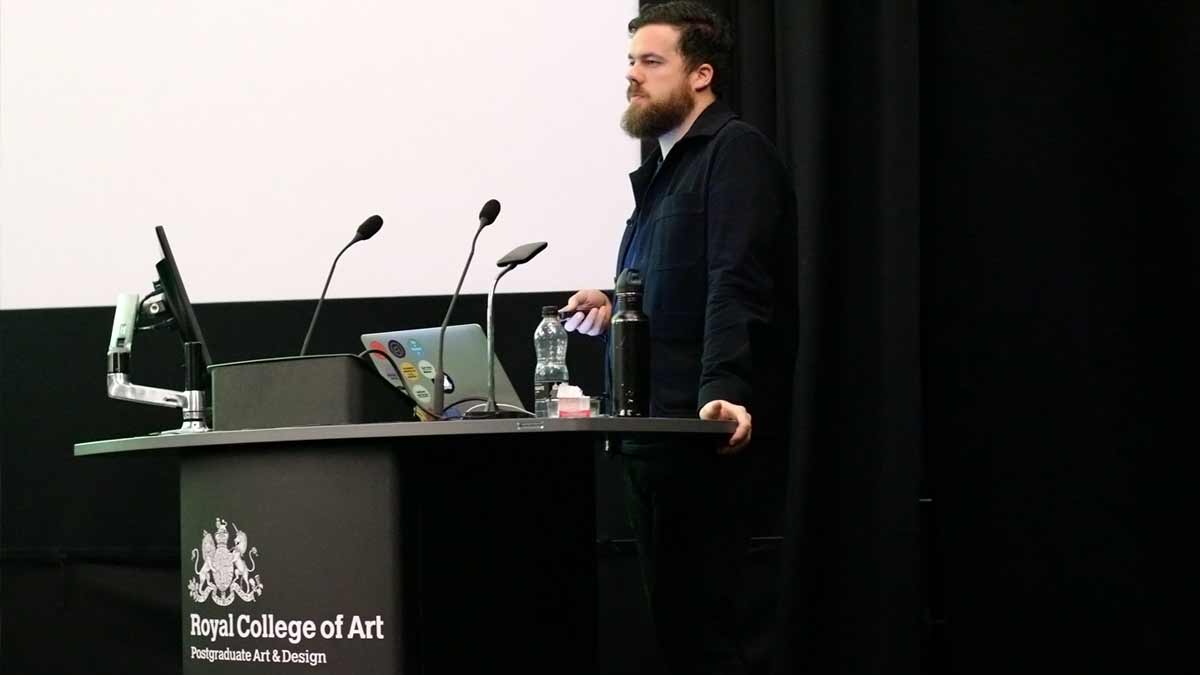 Designer Stephen McCarthy speaking to students at the Royal College of Art London